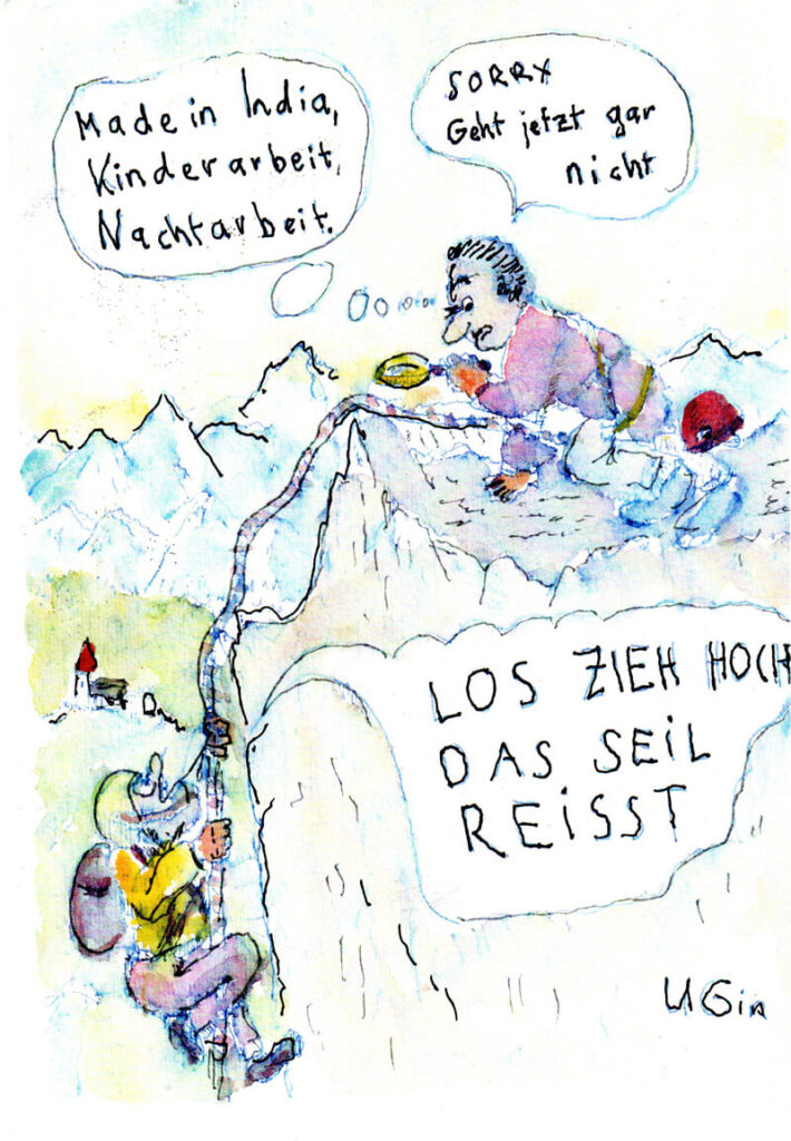 Postkarte - Das Seil reisst - Ulrich Gineiger - Karikaturist, Autor, Journalist